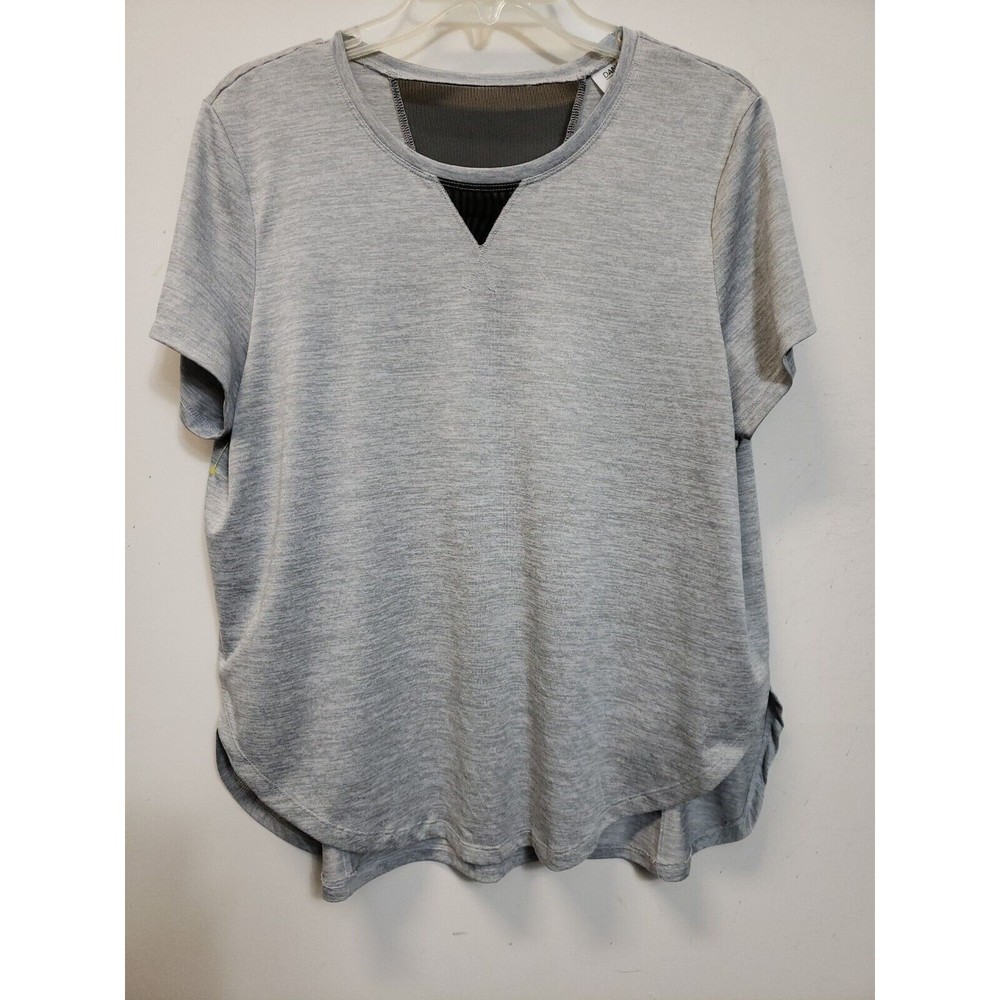 Danskin Now Womens Activewear Top L Gray Short Sleeve Nylon Inserts Hi-Low Hem